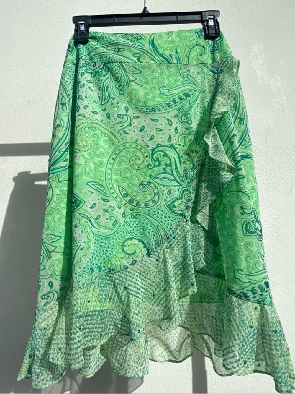 Y2K Lillie Rubin Green Paisley Mixed Print Beaded Ruffle Fairy Skirt Size 12